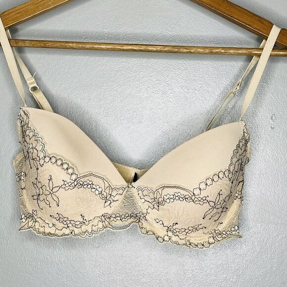 Rene Rofe Pure Beauty 34C padded Underwire Push Up Bra NWOT Tan Black Lace - Picture 1 of 7